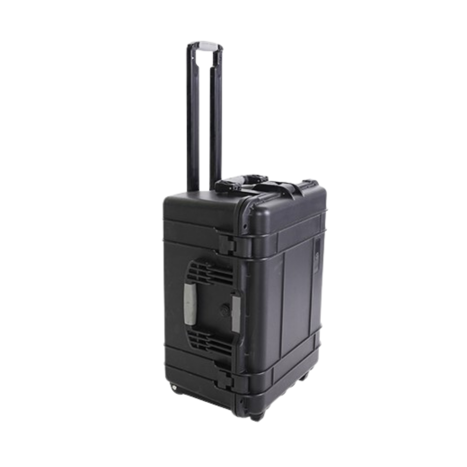 Black suitcase with wheels on a white background